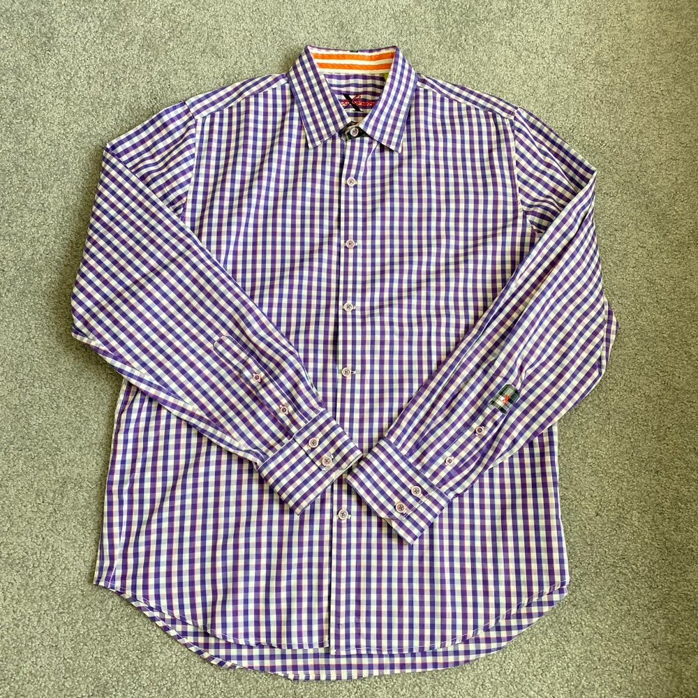 Robert Graham X Tailored Fit Long Sleeve Shirt 100% Cotton Purple/White LARGE
